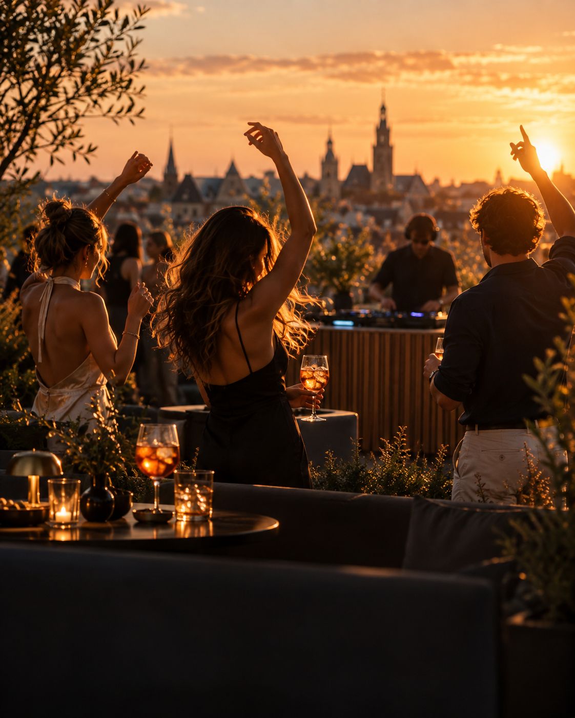 Gasten dansen op een rooftop bij zonsondergang, dj op de achtergrond