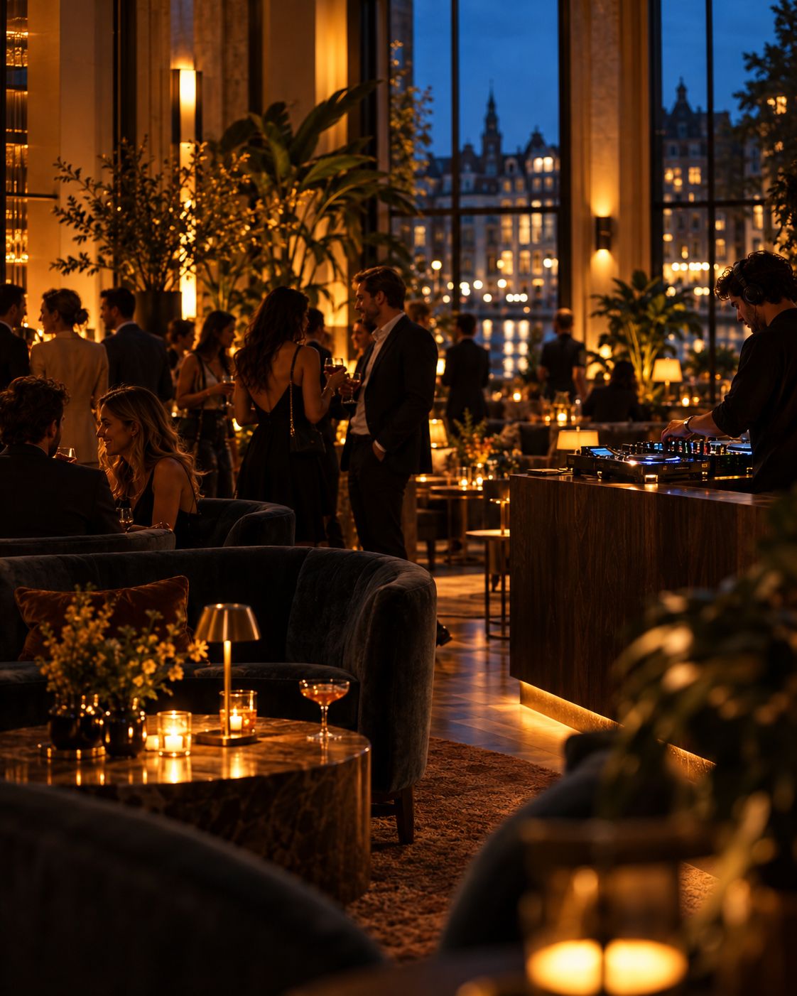 Dj in een hotellounge met gasten op fluwelen banken