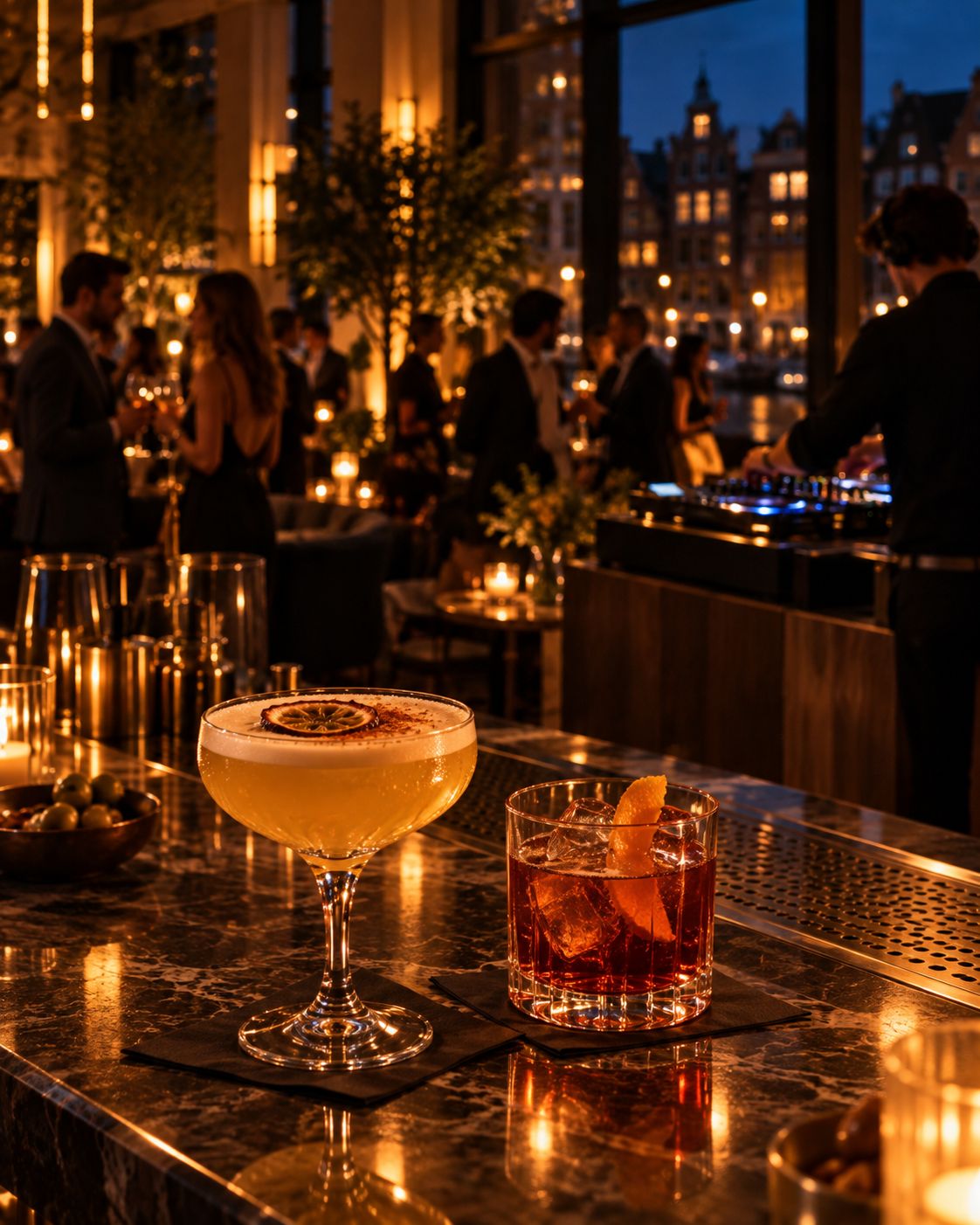 Cocktails op een marmeren hotelbar, dj op de achtergrond