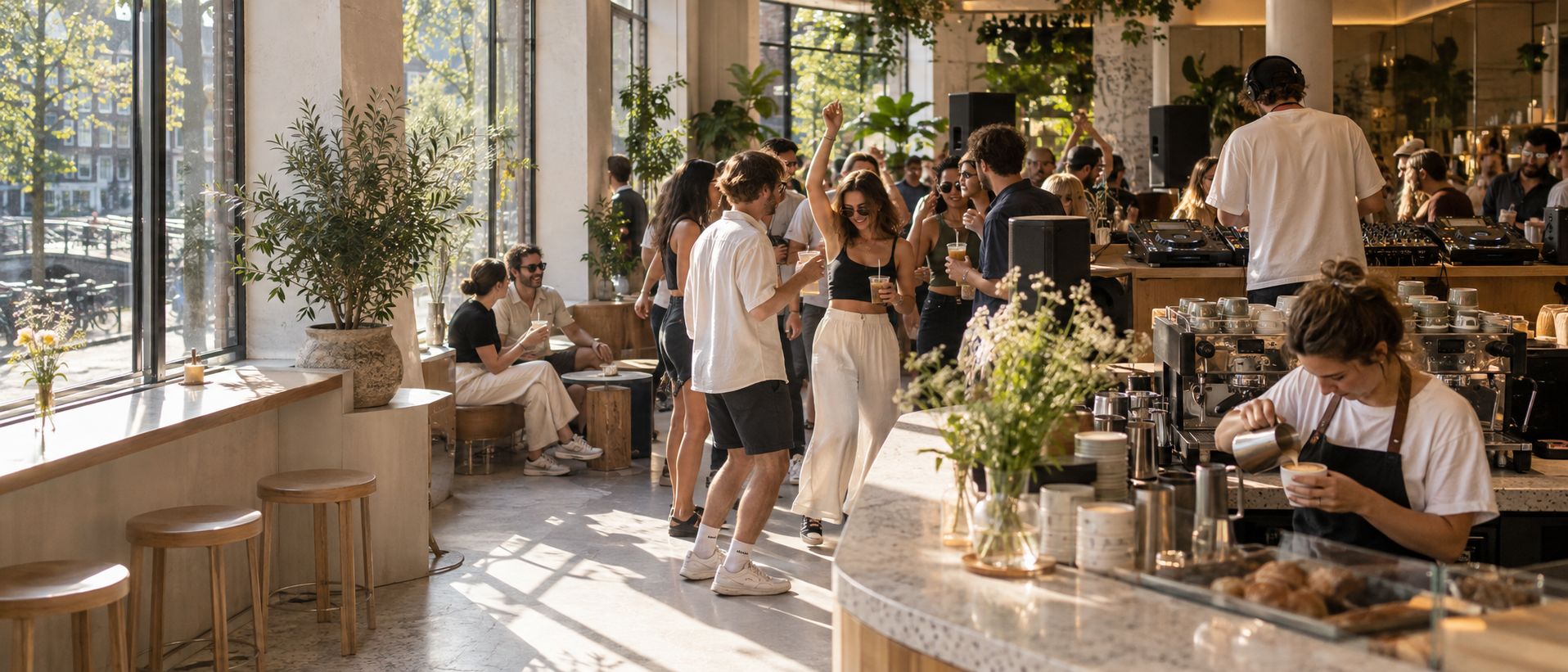 Coffee party in een koffiebar met dansende gasten, barista en dj