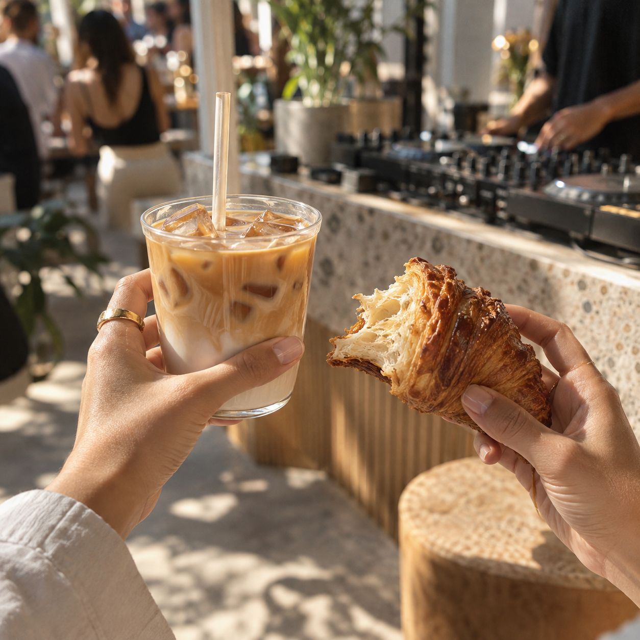Iced latte en croissant met een dj-mixer op de achtergrond