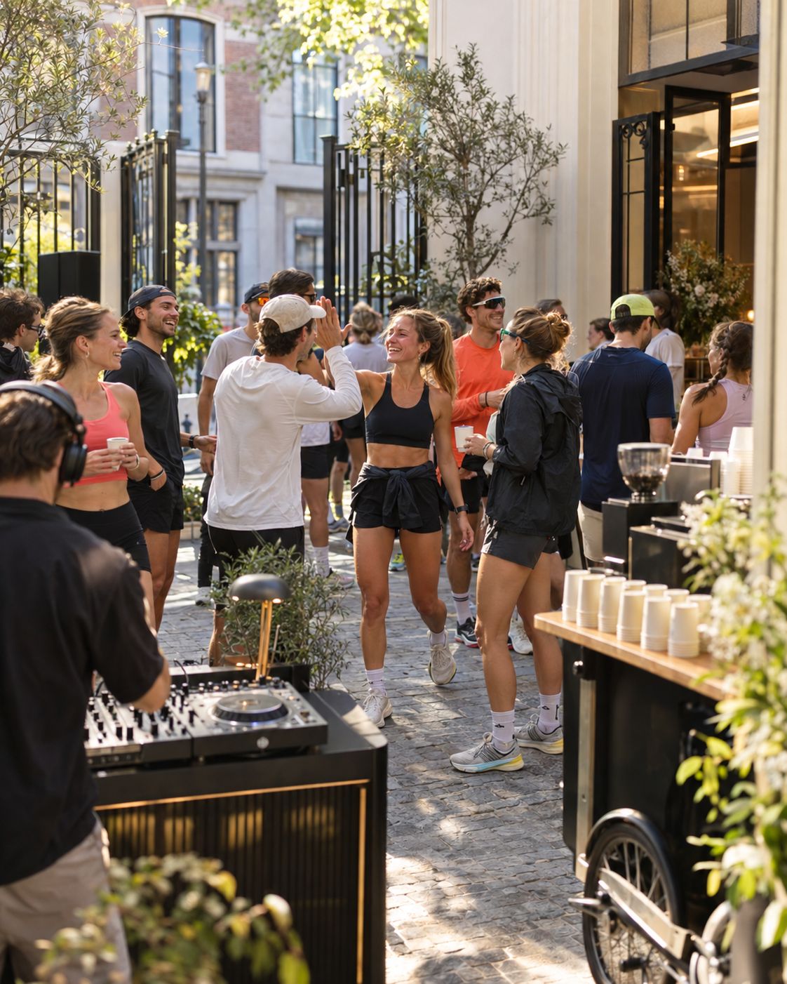 Lopers vieren de finish met koffie en een dj