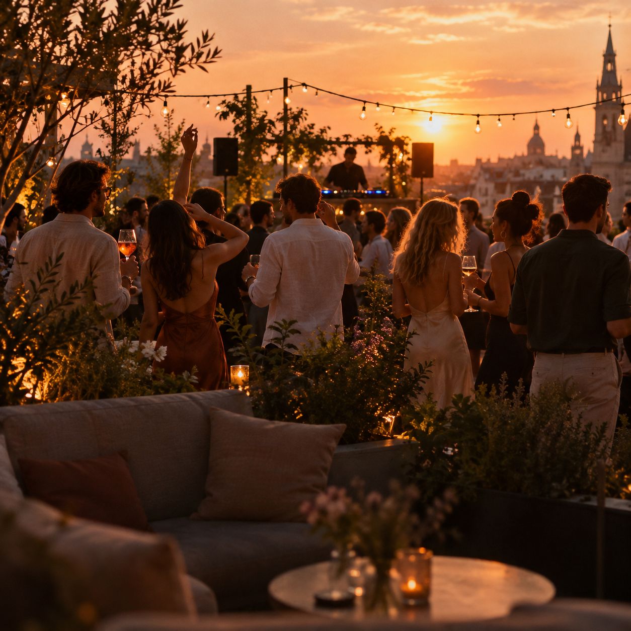 Hoteldakterras bij zonsondergang met gasten en een dj-booth in de verte