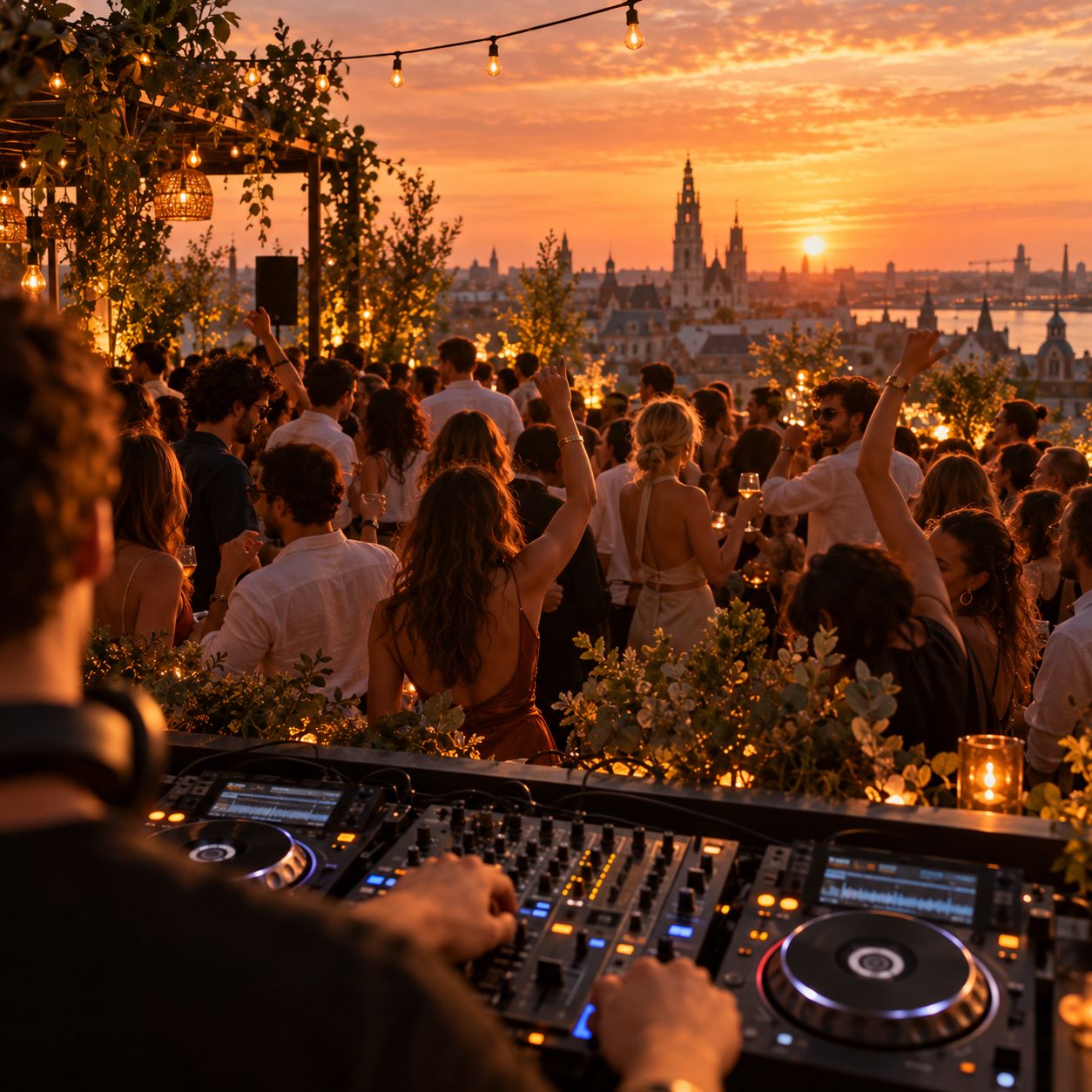 Vanuit de dj-booth: handen op de mixer, dansend publiek op een rooftop bij zonsondergang